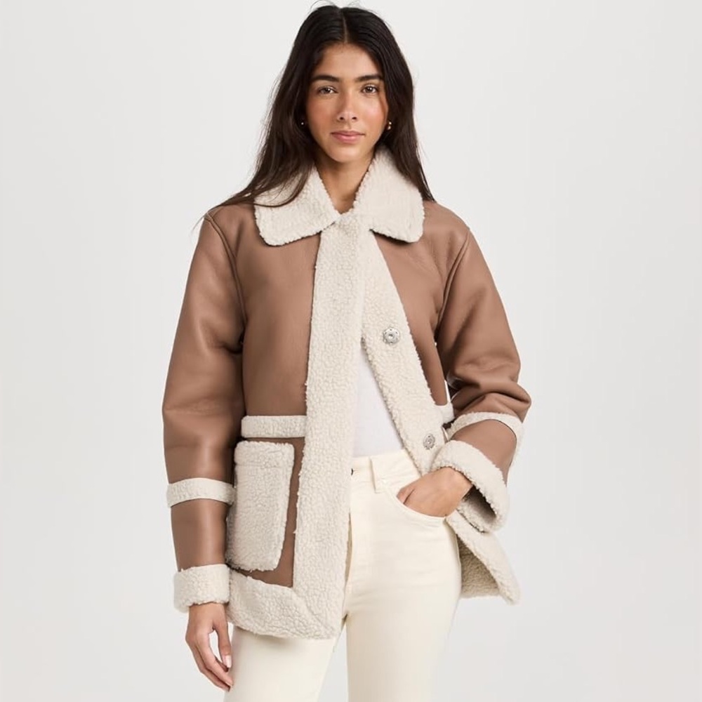 Avec Les Filles Faux-Shearling Faux-Leather Snap Front Coat